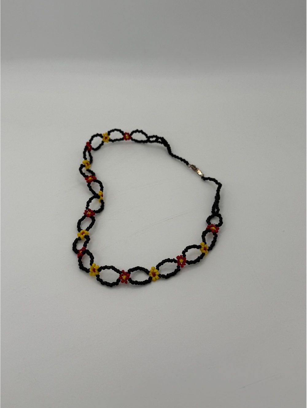 Black Beaded Floral Choker Necklace Orange Yellow Flowers Vintage, 18K